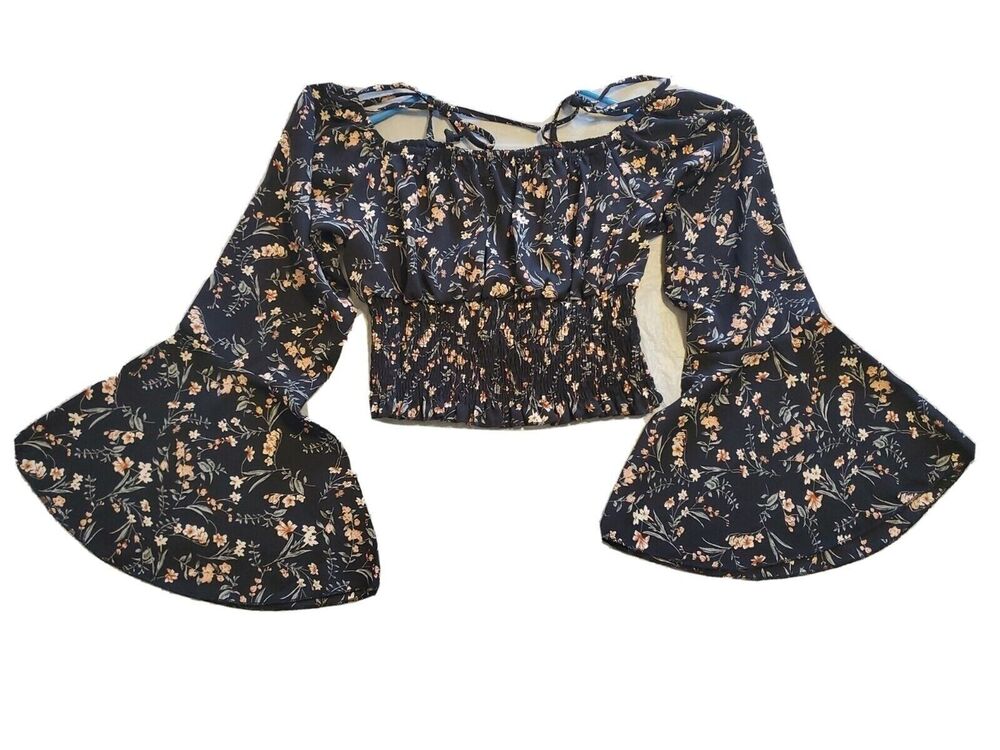 Juniors  Crop Top Small Smocked Dark Floral Bell Sleeve Academia Lightweight